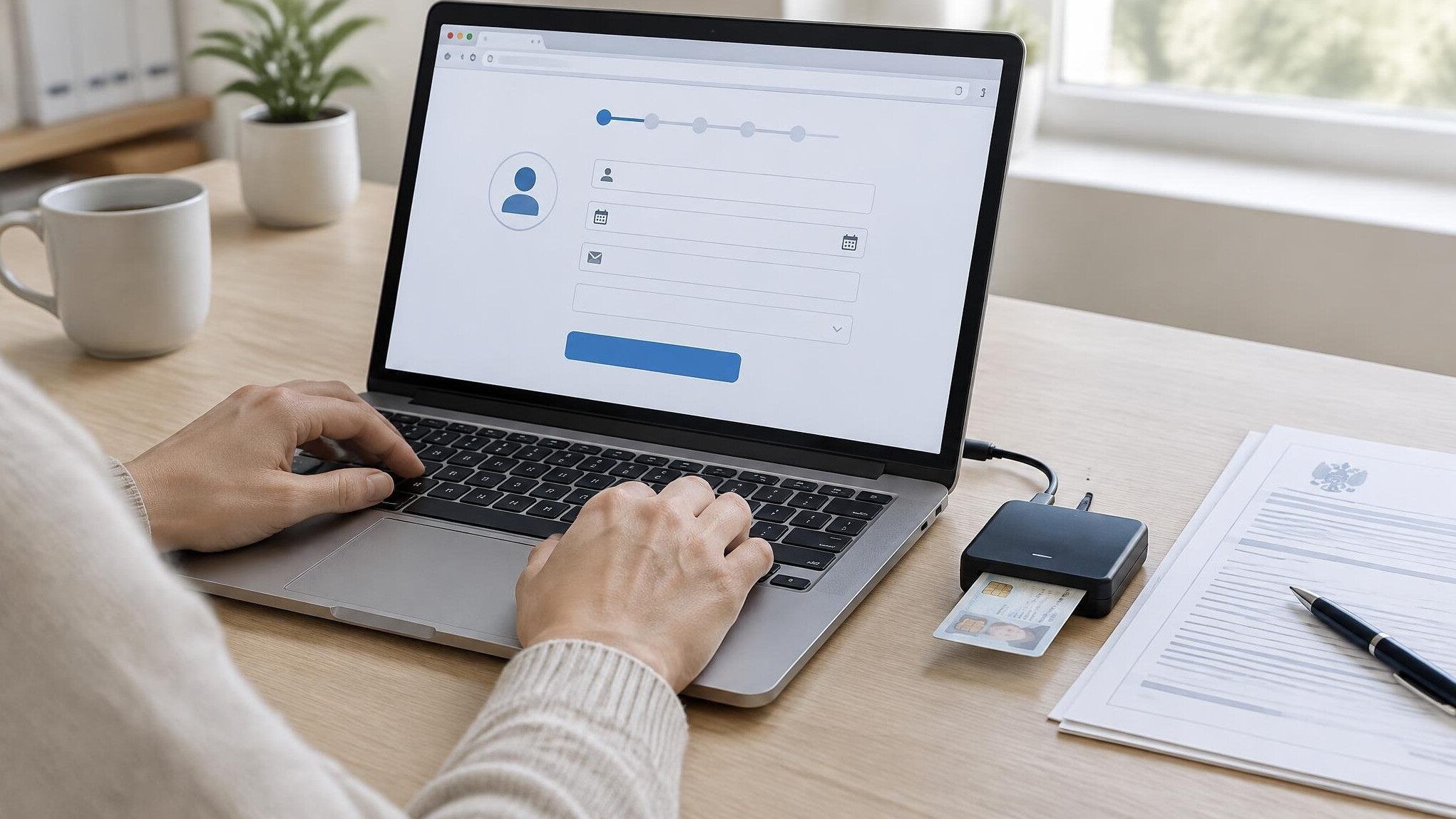Person's hands filling an online form on a laptop with a card reader