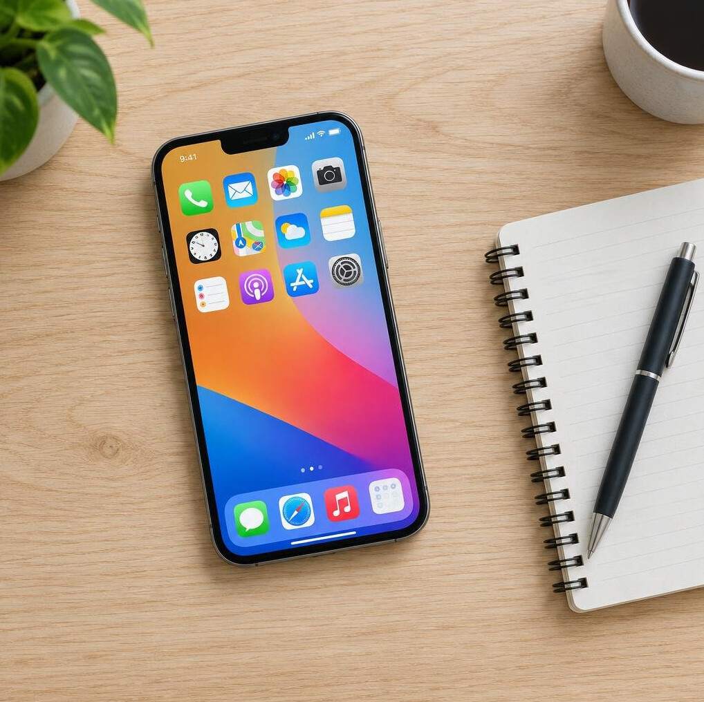 Smartphone lying on a light desk next to a notebook