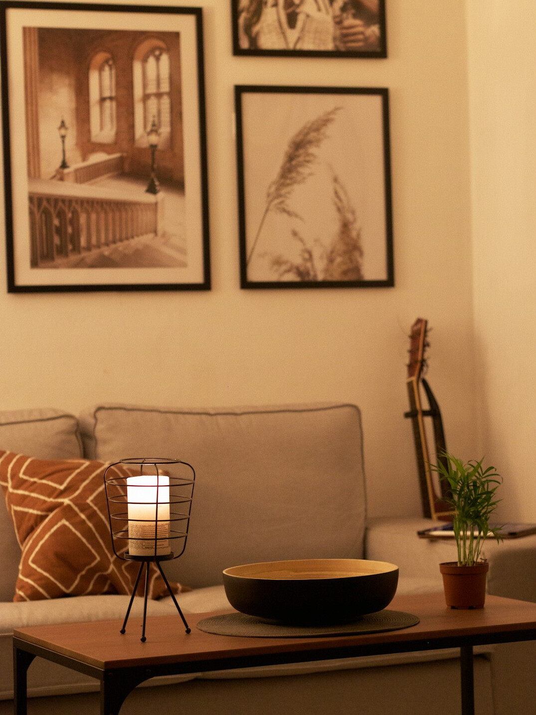 Tablet with stand on a living room table