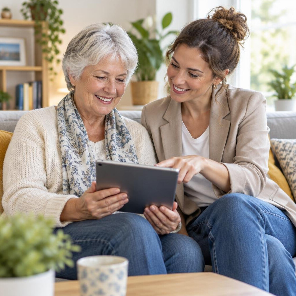 Senior woman learning to use a tablet with a friendly young coach beside her